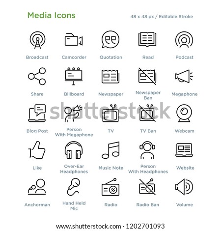 Media Entertainment Communication Icons - Outline styled icons, designed to 48 x 48 pixel grid. Editable stroke.