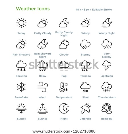 Weather Icons - Outline styled icons, designed to 48 x 48 pixel grid. Editable stroke.