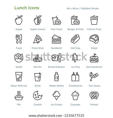 Lunch Icons - Outline styled icons, designed to 48 x 48 pixel grid. Editable stroke.