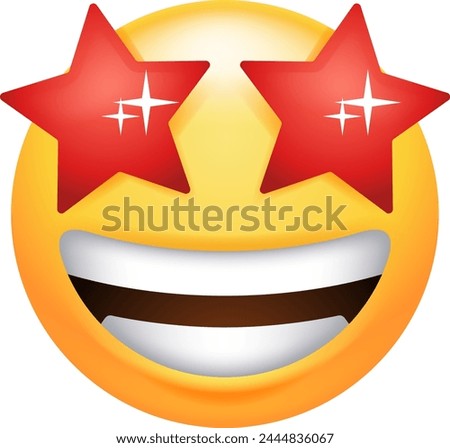 This emoticon depicts a yellow face with large, sparkling eyes, resembling stars. It conveys a sense of wonder, admiration, excitement, or being star struck. 