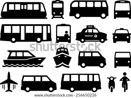 Illustration of forms of public transportation. Includes trains, buses, boats, vans and more. Vector icons for digital and print projects.