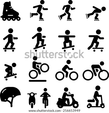 Skateboarding, scooter, rollerblading, bicycling and moped icons