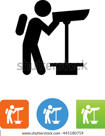 Person with backpack looking through telescope icon