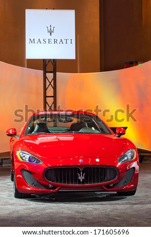 DETROIT - JANUARY 12 : A Maserati on display at The Gallery media preview in the MGM Grand Casino January 12, 2014 in Detroit, Michigan.