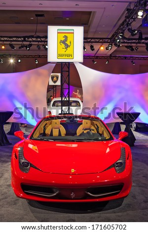 DETROIT - JANUARY 12 : A Ferrari on display at The Gallery media preview in the MGM Grand Casino January 12, 2014 in Detroit, Michigan.