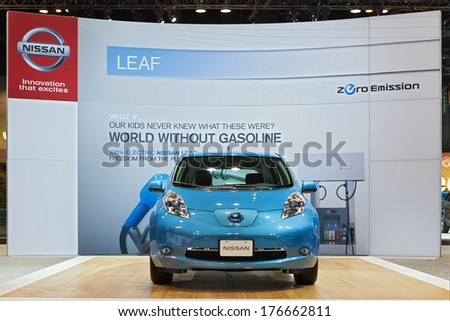 CHICAGO - FEBRUARY 7 : The Nissan Leaf electric vehicle on display at the Chicago Auto Show media preview February 7, 2013 in Chicago, Illinois.
