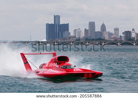 DETROIT - JULY 13: The Graham Trucking hydroplane passes in front of the Detroit skyline at the APBA Gold Cup July 13, 2014 on the Detroit River in Detroit, Michigan.