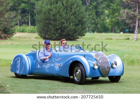 PLYMOUTH - JULY 27: A vintage sports car on display July 27, 2014 at the Concours D\' Elegance Plymouth, Michigan.