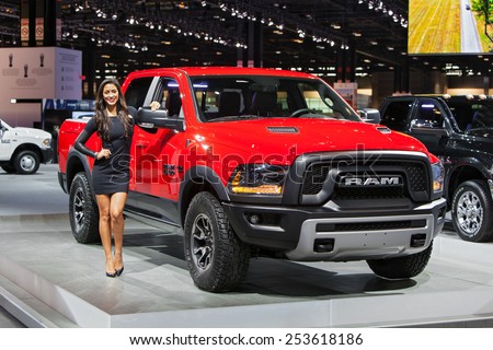 Chicago - February 13: A model poses with the Dodge Ram Rebel truck February 13th, 2015 at the 2015 Chicago Auto Show in Chicago, Illinois.