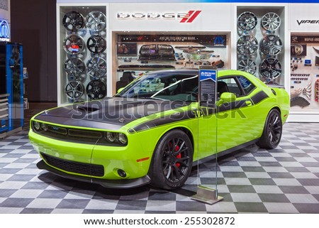 Chicago - February 13: A Mopar modified Dodge Challenger on display February 13th, 2015 at the 2015 Chicago Auto Show in Chicago, Illinois.