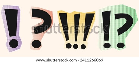 Doodle exclamation point and question sign mark set. Pop art style exclamation point sign, question mark. Halftone illustration