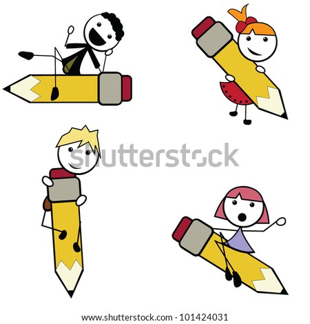 Cartoon Stick Children Carrying Pencil To Write Stock Vector ...