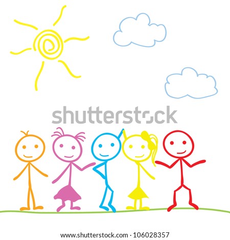 Little Stick Figure Children Under The Sun Background Stock Vector ...