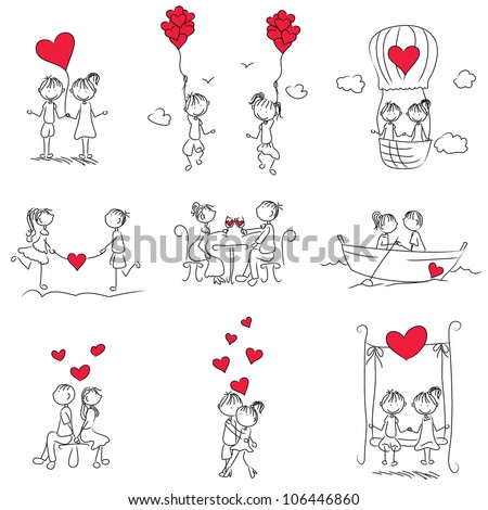 cartoon couple doodle with red heart shape