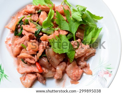 Stir fried pork with Pickled bean curd sauce and onion asian thai food, on white background