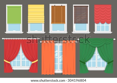 Vector collection of various window treatments: curtains, drapery, shades, blinds. Flat style.