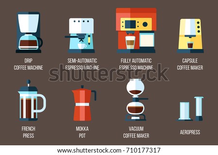 Vector set of various coffee makers and coffee machines. Flat style.