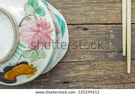 Vintage chinese chicken bowl signed on a wood background