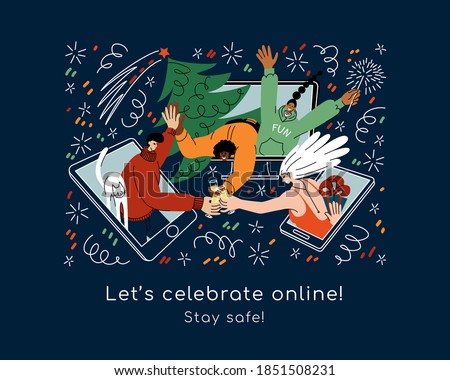 Young people of different races celebrate Christmas and New year online. Friends meeting via internet using phone, tablet, desktop; celebrating holidays together, drinking champagne, exchanging gifts