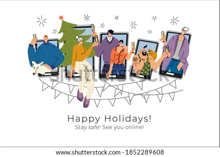 Vector illustration with trendy characters showing young friends and colleagues celebrating winter Holidays together online. Christmas and New Year party via Internet on the phone during lockdown. 
