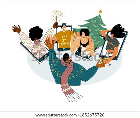 Vector illustration with multicultural characters young friends and colleagues of different races meeting online to celebrate winter Holidays together safely. Socially distanced Christmas greetings.
