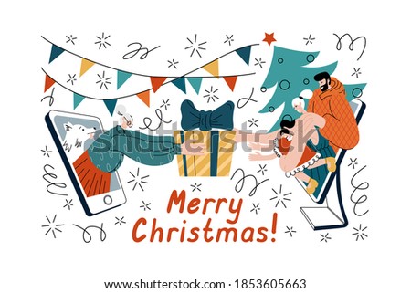 Vector illustration of happy family meeting with granny online to greet each other with Holidays, wish a Merry Christmas using phone and computer. Cheerful people celebrate New Year, exchange gifts.
