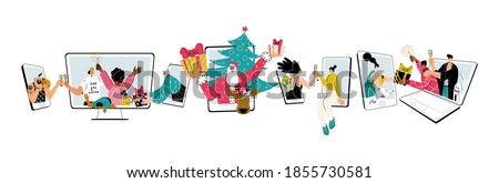 Vector illustration of multicultural happy group of people celebrating Holidays Christmas and New Year. Santa, families and friends greet online from screens of smartphone, laptop, desktop computer.
