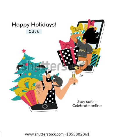 Vector illustration of two young stylish happy people celebrating Christmas and New Year together online using smartphone and mobile application. Remote winter Holidays greetings and gift exchanging.
