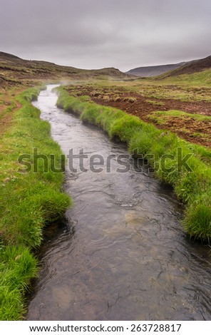 Vulcan activity heated water running in little river in Iceland. Riverbanks are just about only places anything grows.