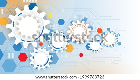 futuristic technology, gear wheel on circuit board blue white back ground. Illustration hi-tech, engineering, digital telecoms concept. With space for content. EP.1.communication concept 