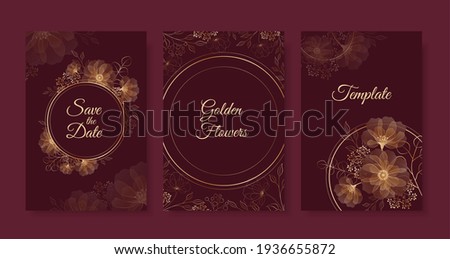 Set of templates with golden flowers and circle frame on dark red background. Vector outline flowers and leaves. Geometry with elegant flowers on burgundy background.