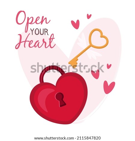 Cute Valentine's banner. Heart lock and key with wings. Open your heart.