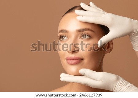 Similar – Image, Stock Photo woman with gloves touching her mask