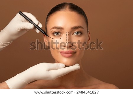 Similar – Foto Bild Schöne europäische Frau mit Make-up berührt die Haut, hat minimales Make-up, hat gesunde, strahlende Haut, in ein Badetuch gewickelt, genießt die Ruhe zu Hause. Spa-Frau posiert im Badezimmer. Schönheit, Wellness-Konzept