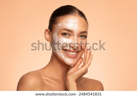 Similar – Image, Stock Photo woman with face mask standing on moving escalator