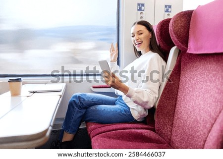 Similar – Image, Stock Photo Woman sitting near waving sea