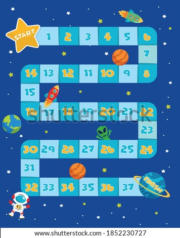 Space board game vector illustration. Rockets UFO and Aliens in space board game strategy kid cartoon design template or racing tabletop game with dice to start and finish route in space planets 商業照片 © 