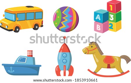 set of colorful Toy icon collection ball, bus, rocket, plane, car, teddy bear, ship, cubes and horse -cartoon vector illustration for kids and educational purposes
