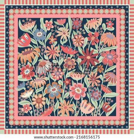 Bouquet of summer flowers illustration.  Dots, daisies.  Botanical illustration.  Square floral template.  Silk neckerchief, shawl bandana, handkerchief design. Stock fotó © 