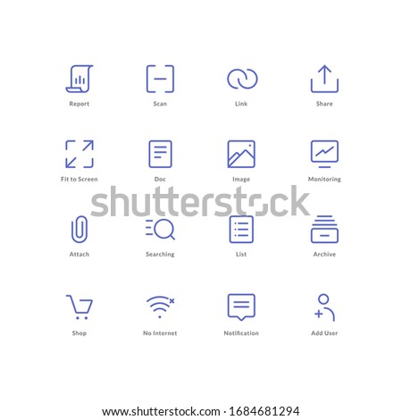 Icon Set  report scan link share fit screen doc image monitoring attach searching list archive shop shopping internet wireless notification user Line Style Icon Design Vector illustration