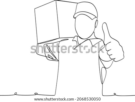 Continuous line art or One Line Drawing of delivery man standing with parcel post