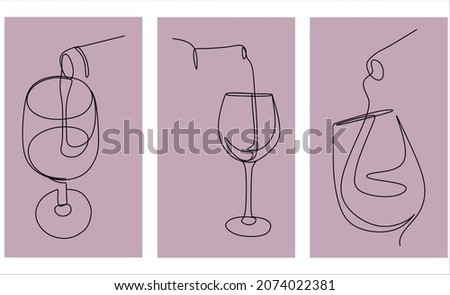 Set of templates drawing glasses with wine and bottle .Vector illustration. White drawing, party celebration, cute glass