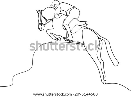 Continuous one line drawing. Horse and rider on horseback logo. Black and white vector illustration. Foto stock © 