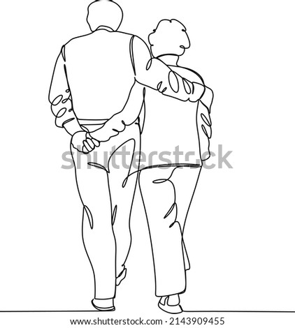 Elderly couple in continuous line art drawing style. Senior man and woman walking together holding hands. Minimalist black linear sketch isolated on white background. Vector illustration
