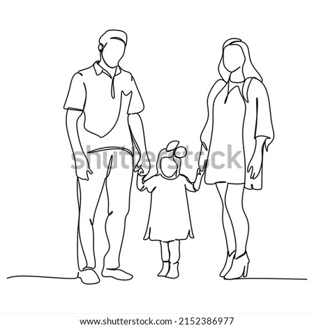 continuous single drawn one line family mum dad and two daughters and son big family hand-drawn picture silhouette. Line art. doodle
