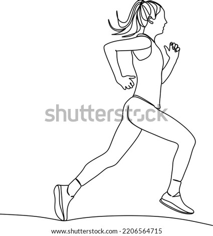 One continuous line drawing of young female athlete runner focus sprint run. Individual sport, competitive concept. Dynamic single line hand drawn vector illustration for running poster
