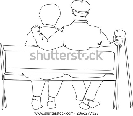 Old retired man and woman vector, old woman and man logo, sketch drawing of old couple sitting on park bench in relaxing pose behind view, silhouette of old couple
