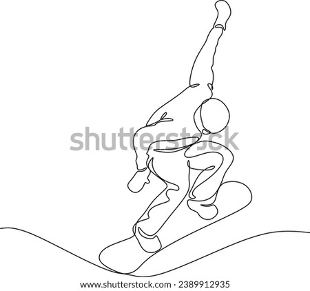 Continuous line of skiing and snowboarding.Illustration shows a athlete performs a jump from a springboard to ski. Ski jumping. Vector illustration