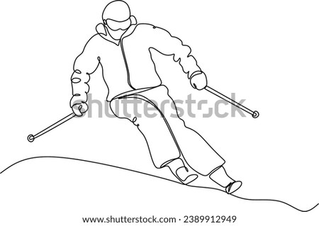 Continuous line of skiing and snowboarding.Illustration shows a athlete performs a jump from a springboard to ski. Ski jumping. Vector illustration