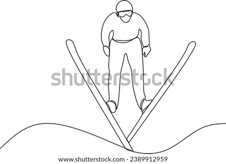 Continuous line of skiing and snowboarding.Illustration shows a athlete performs a jump from a springboard to ski. Ski jumping. Vector illustration